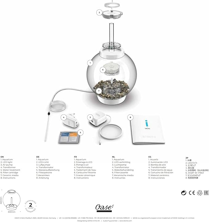 biOrb Classic 15 Acrylic 4-Gallon Aquarium with White LED Lights Modern Compact Tank for Tabletop or Desktop Display, Silver-Trimmed Tank