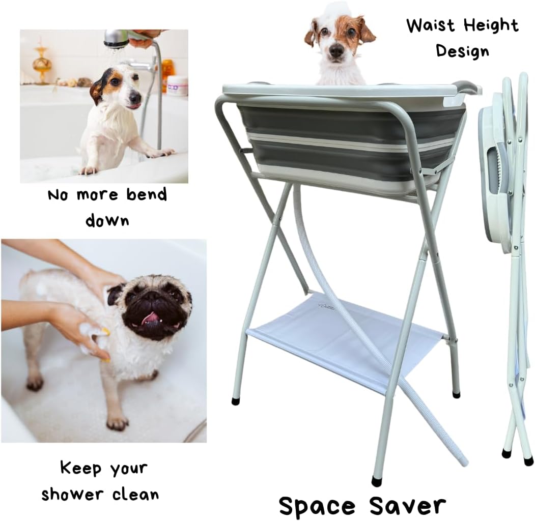 Collapsible Elevated Pet Bathtub, Foldable Washing Station for Small to Medium Dogs and Cats, Portable Pet Shower and Grooming Stand for Indoor and Outdoor Use