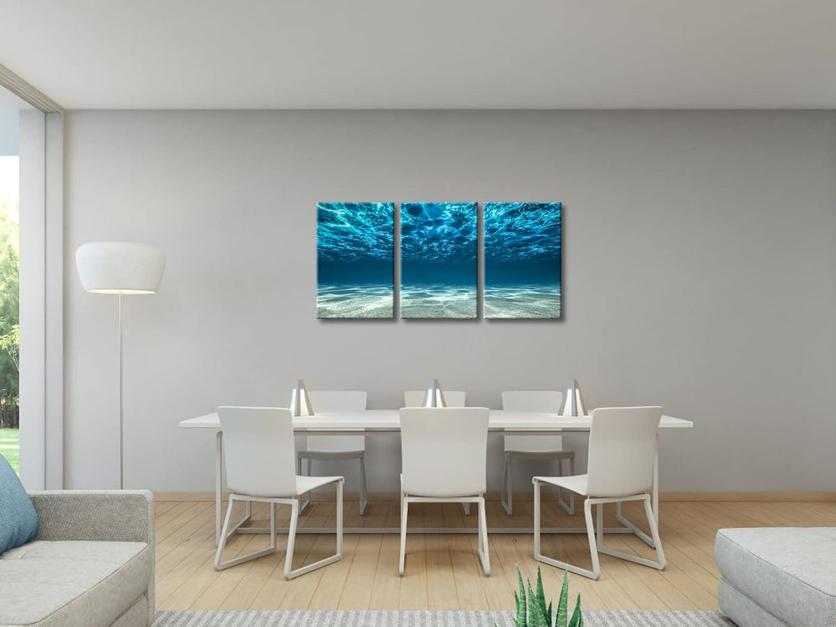Wieco Art 3 Piece Blue Ocean Bottom Canvas Wall Art for Living Room Beach for Bedroom Wall Decor Seaview Pictures Painting On Canvas Modern Canvas Prints Artwork for Home Decorations