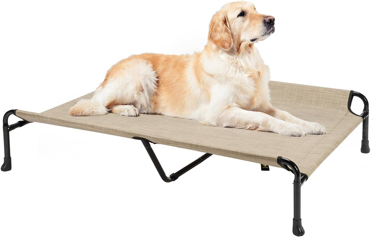 Veehoo Cooling Elevated Dog Bed - Raised for Large Dogs, Outdoor With Guardrail, Upgraded Non-Slip Feet, Breathable Teslin Mesh, Portable Camping Cot, 53 x 33 Inches, Beige Coffee
