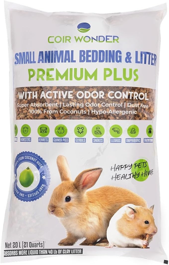Small Animal Bedding – 20 Liter – Natural Coco Chip Substrate with Activated Charcoal Odor Control – for Chicken Coop, Rabbit Cage, Hamster Habitat, Reptile Terrarium & Snake Tank