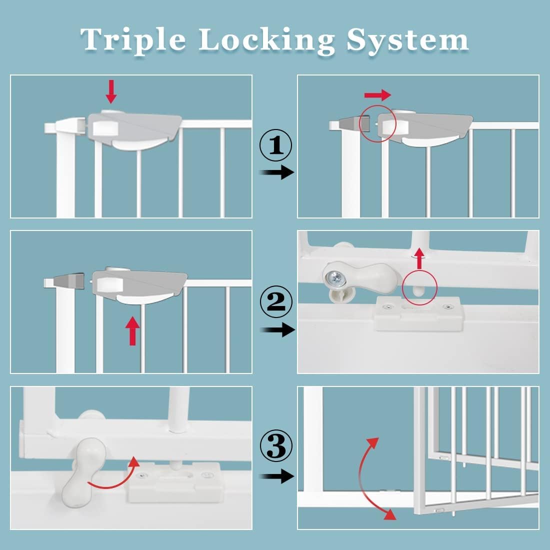 WAOWAO Triple Lock Baby Gate Extra Wide 44.48-48.42" Pressure Mounted Walk Through Swing Auto Close Safety White Metal Child Kids Dog Pet Puppy for Stairs,Doorways