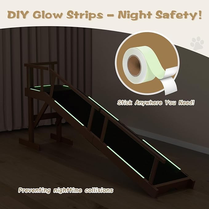61" Dog Ramp for Bed, Pet Ramp with Removable Side Rail and Non-Slip Surface, Pet Ramp for Small & Large & Senior Dogs with Rest Platform and DIY Glow Strips,Dog Stairs for Couch, Brown