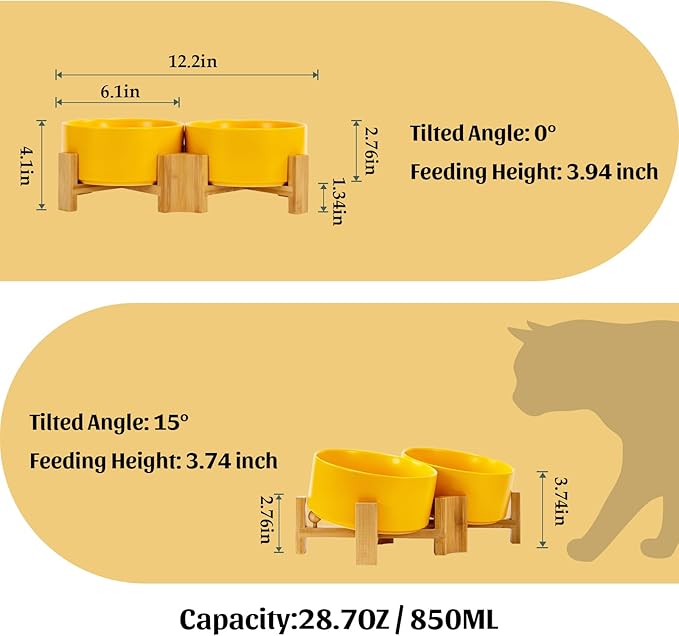 SPUNKYJUNKY 15° Slanted Ceramic Dog and Cat Bowl with Wooden Stand, Tilted Bulldog Food and Water Bowl No Slip Non-Spill for Cats Medium Dogs Big Face Pets 28.7 OZ (3.6 Cups, Yellow × 2)