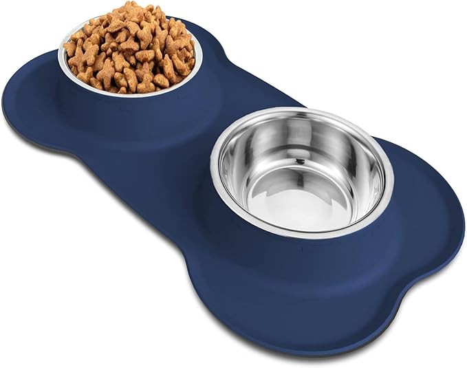 AsFrost Dog Food Bowls Stainless Steel Dog Bowls, Food Water Bowl Set with No Spill Non-Skid Silicone Mat, Dog Dish Double Pet Feeder Bowls for Small Medium Sized Large Dogs Cats Puppy, Blue