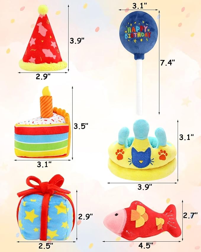 CiyvoLyeen 6Pcs Birthday Themed Catnip Toys Cat Birthday Gift Kitten Interactive Toys for Cat Lover Cake Crown Fish Soft Plush Catmint Pet Supplies Kitty Chew Kick Toys