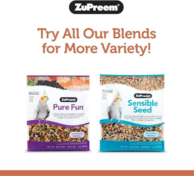 ZuPreem NutBlend Bird Food, Bird Feed for Cockatiel, Lovebird, Quaker, Small Conure, Lorikeet, ZuPreem Core Nutrition, Made in USA, No Waste, Natural Ingredients, Cockatiel Food, (Medium, 2 lb bag)