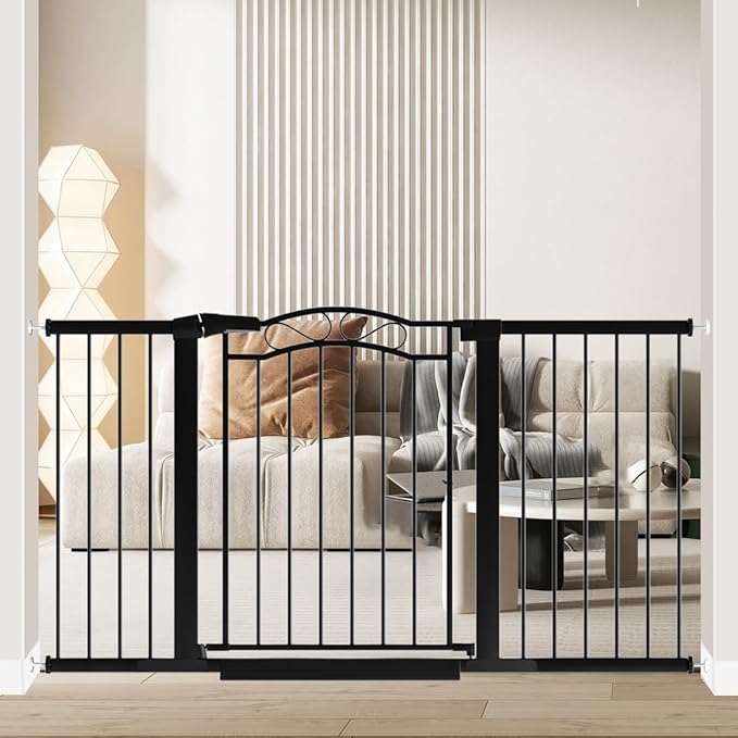 Fairy Baby 57.1"-59.8" Extra Wide Baby Gates with Door, 58 59 Inches Child Gate for Todder Kids, Metal Pressure Mounted Pet Dog Gate, Walk Thru Safety Gate for Doorway Stairs, Black