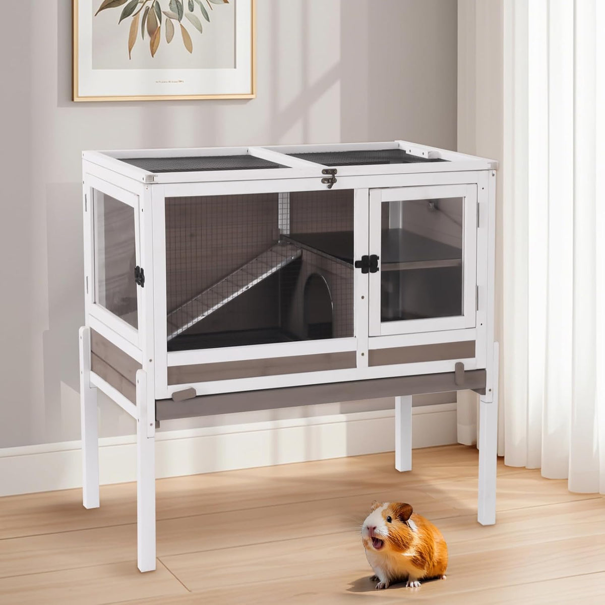 Aivituvin 2-Story Rabbit Hutch with Anti-Chew Ramp & Zinc Sheet - 36.6" Indoor Guinea Pig Cage, Wooden Stand, Pull-Out Tray & Leakproof Floor (Brown)
