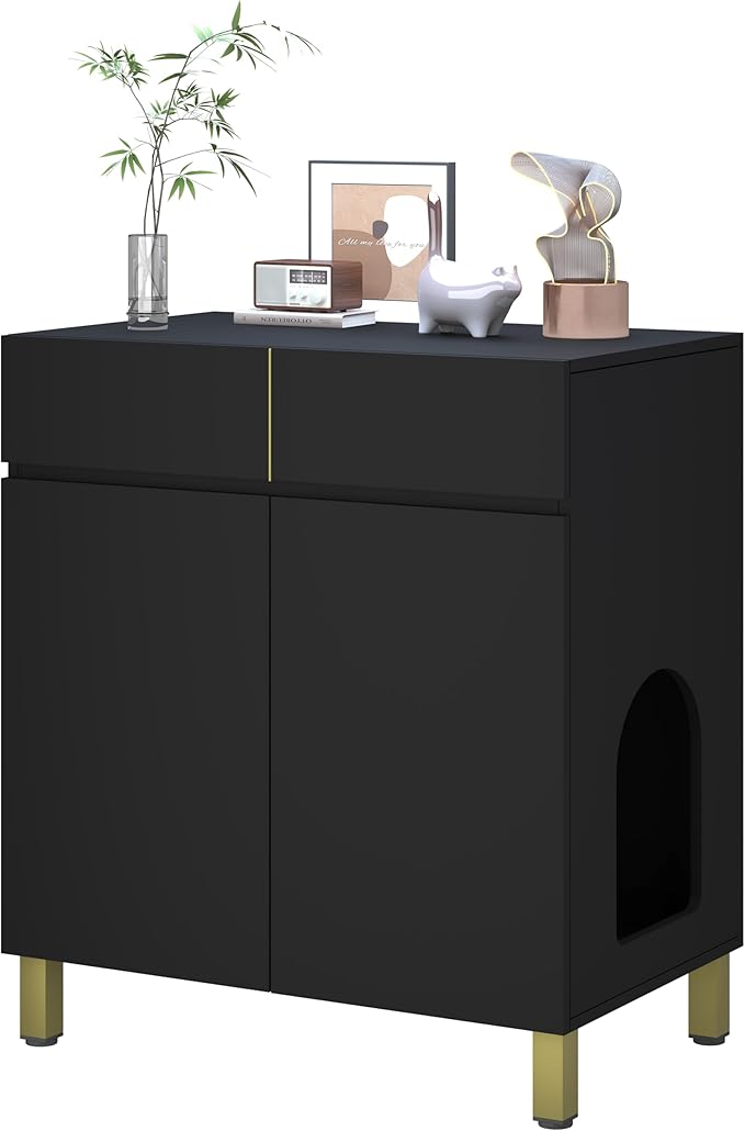 Large/Tall Litter Box Enclosure, Modern Wooden Litter Box Furniture for XL Litterbox with Drawer as Sideboard Cabinet (Black)