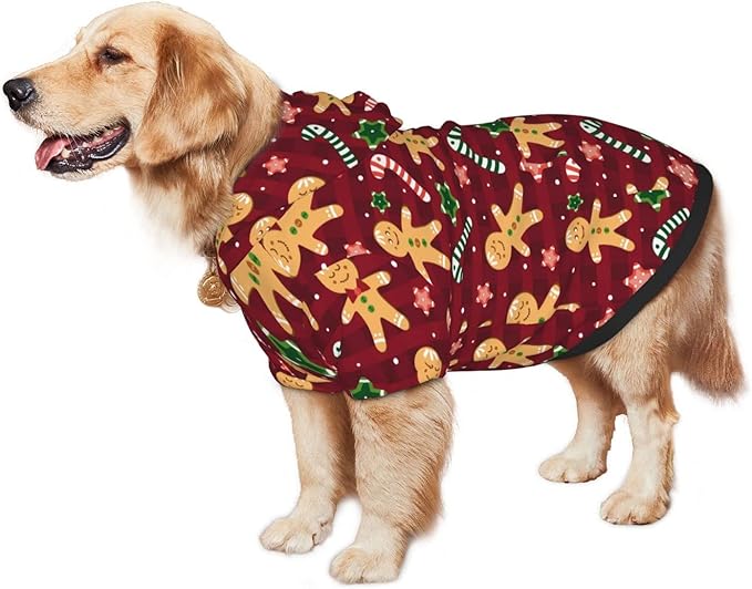 Christmas with Gingerbread Men, Candies Hoodie,Christmas Cosplay Dog Clothes with Pocket and Hat Winter Clothes Sweaters Small