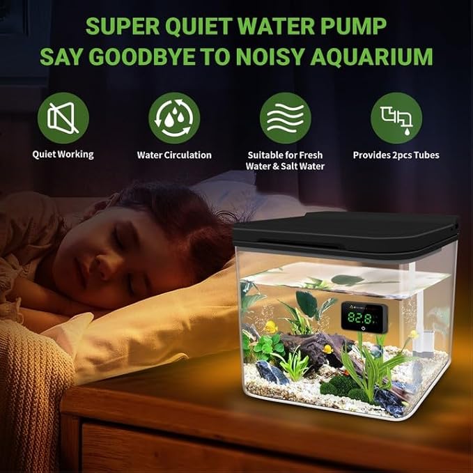 Small Fish Tank Kit, 1.8-Gal Aquarium Kit with Digital Thermometer and Temporary Tank, Self-Cleaning & 18 LED Lights, Lightweight & Shatter-Resistant Betta Fish Tank (Black)