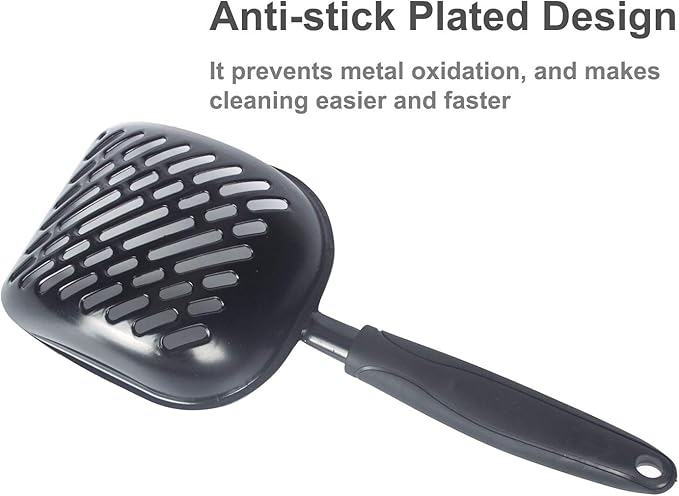 Metal Cat Litter Scoop with a Deep Shovel Design | Solid Aluminum & Non-Stick Coating | Durable Rubber Coated Handle for Easy Scooping | Perfect Size Sifting Slots for Any Type of Kitty Litter