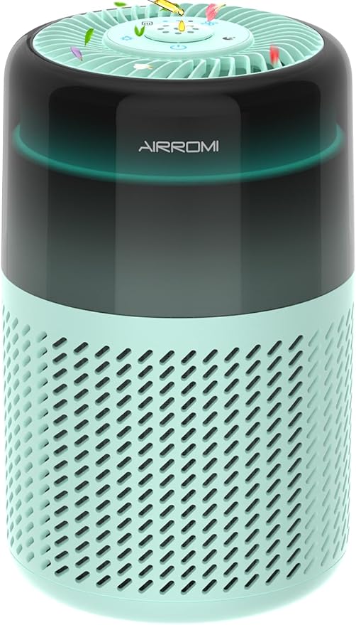AIRROMI Air Purifier for Bedroom Home,HEPA Filter,Covers Upto 549 Ft²,Quiet 360°intake Air Cleaner with Fragrance ponge for Better Sleep,Night Light,Filters Smoke,Pet Dander,Allergies,Dust,A2005Turquo