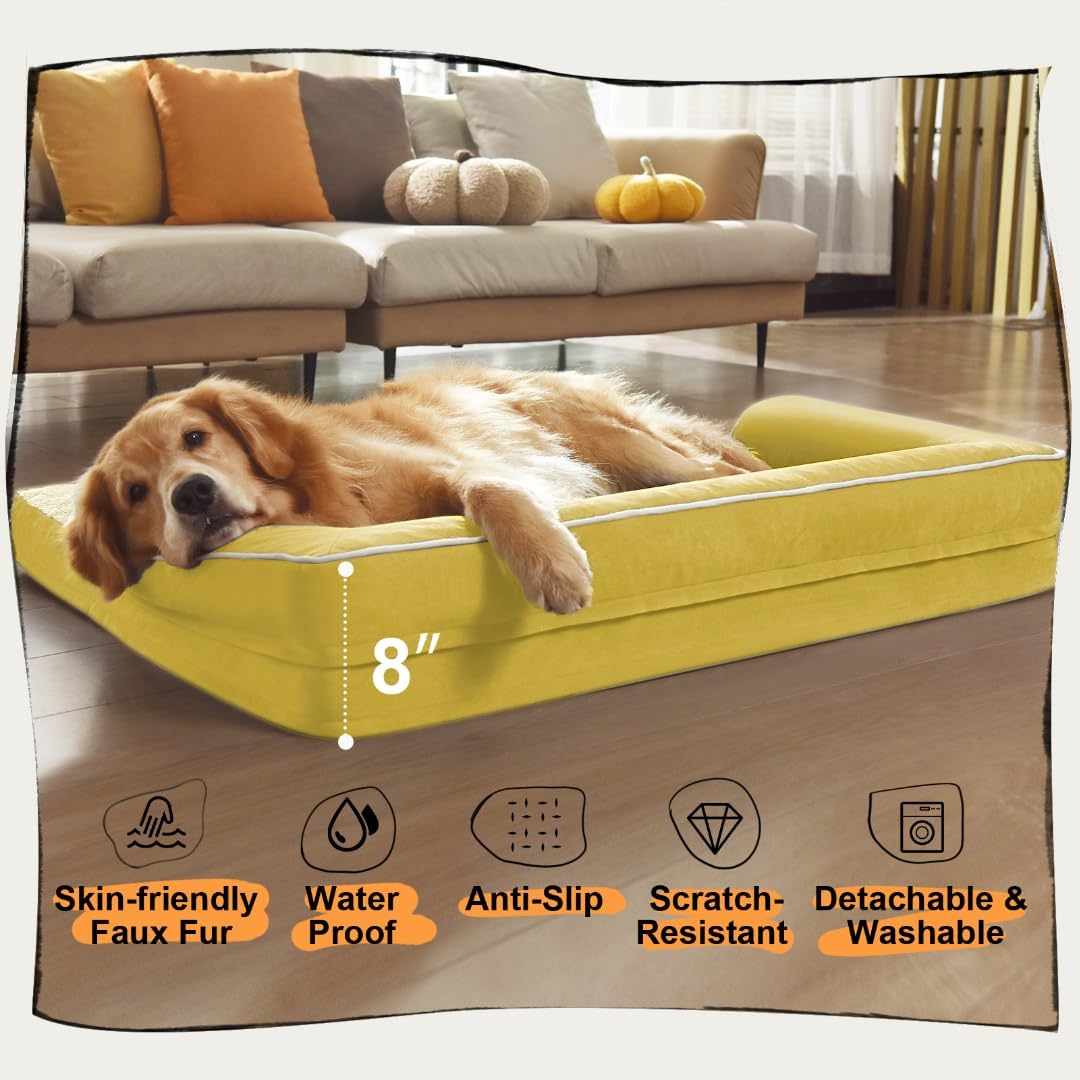 Large Dog Bed Orthopedic Washable | Beds Bolster Pet | XL Large Big Dogs | Memory Foam Couch Sofa | Waterproof with Removable Cover - Ginger Yellow Dog Bed