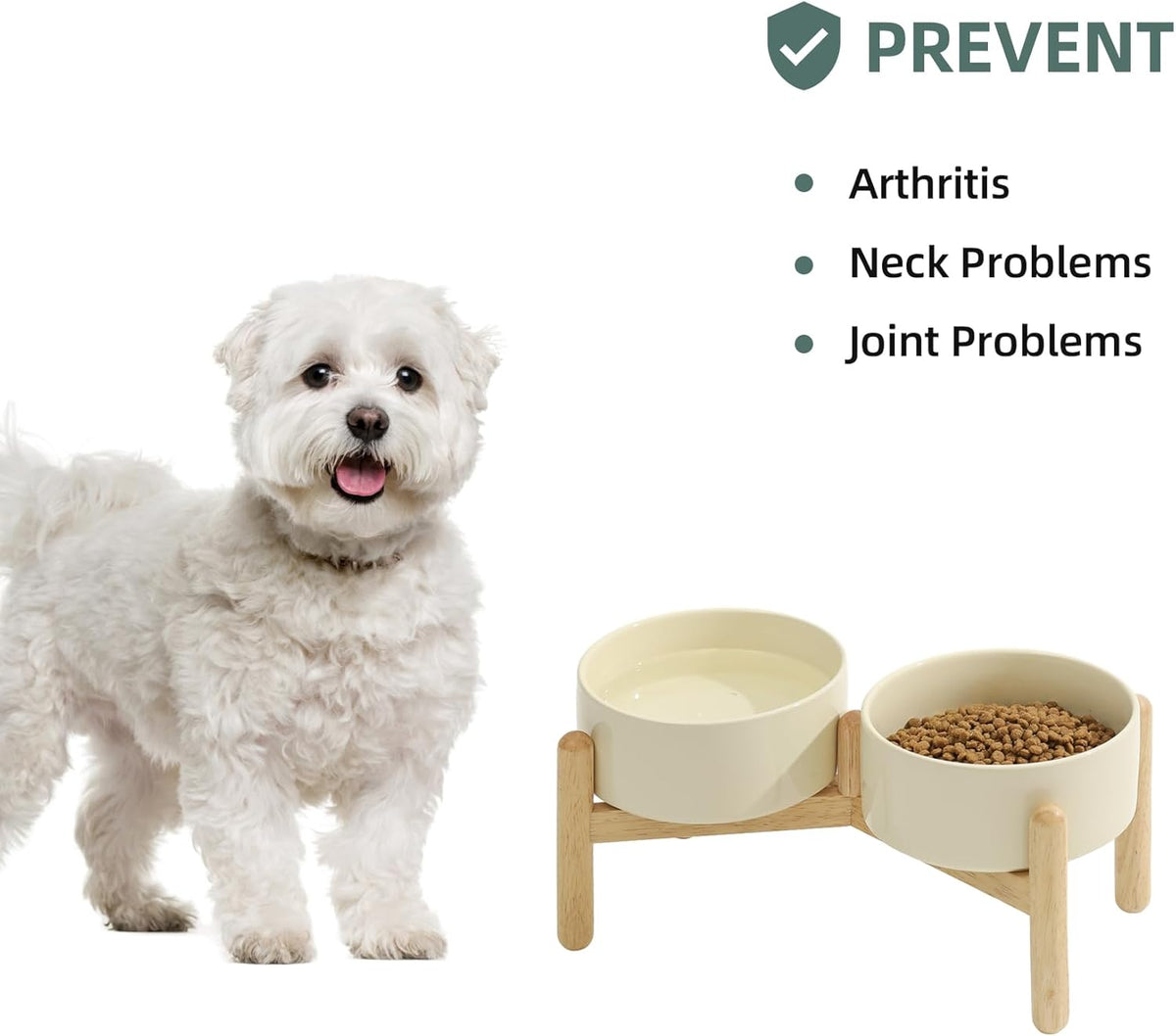 Ceramic 6.1inch Raised Dog Bowl with Stand for Small and Medium Breed Dog Dish Pet Food and Water Bowl (Double Bowl with Stand - Beige, 28oz)