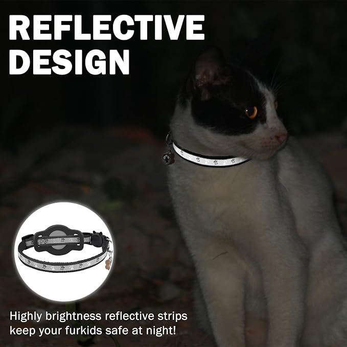 Airtag Cat Collar Breakaway, Reflective Kitten Collar with Bell and Apple Air Tag Holder, GPS Cute Cat Collar, Glow in The Dark Pet Collars for Boy Girl Cats, Kittens, Puppies, Black