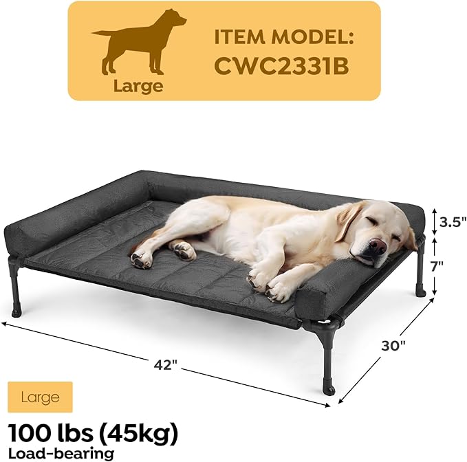 Veehoo Cooling Elevated Dog Bed Add Removable Waterproof Bolster Cushion Mat, Raised Pet Cot with Breathable Teslin Mesh, No-Slip Feet, Dog Couch Bed for Indoor Outdoor, 42x30inches, Black, CWC2331B