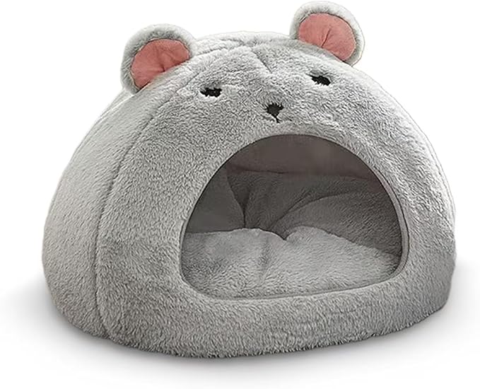 Cozy Mouse Ear Pet Cave Bed Ultra-Soft Gray Plush cave Bed, Cat Cave Beds Cat House Cat Tent with Removable Washable Cushioned Pillow, Cat Beds&Dog Beds,Perfect for Small & Medium Pets(Big)