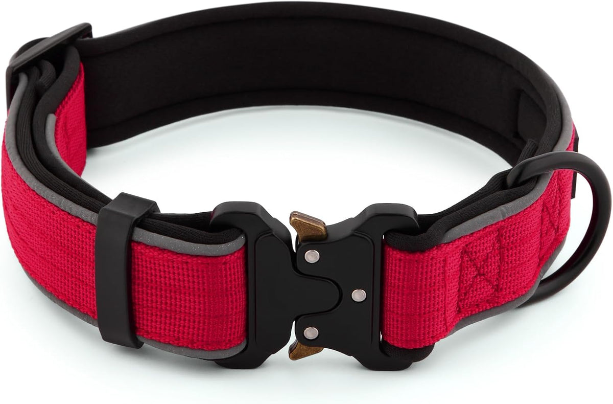 Plutus Pet Tactical Dog Collar, Reflective, Adjustable Heavy Duty Dog Collar, Soft Padded and Comfortable, for Small Medium and Large Dogs (Red, M)
