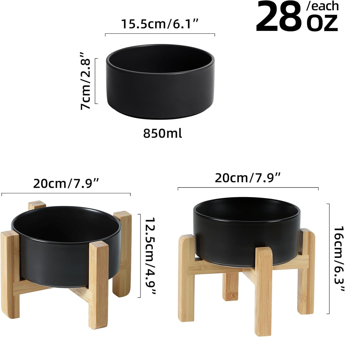Ceramic Raised Dog and Cat Bowl Set, 2 Heights Elevated Stand, Food and Water Bowl for Small Breed Dogs, Weighted Dog Dishes, Pet Bowl(6.1'',28.7oz, Black)