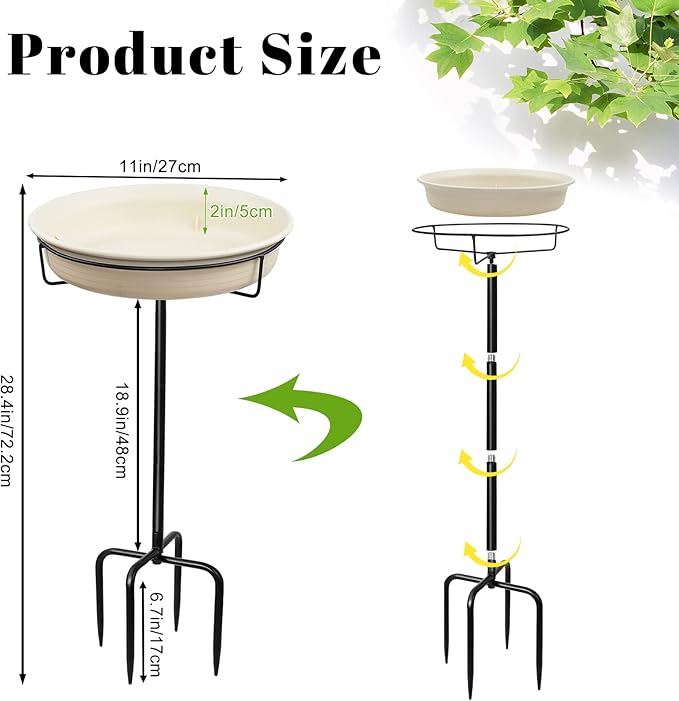 28In Freestanding Birdbaths Bowl Outdoor, Free Standing Garden Bird Bath Bird Feeder Bowl with Metal Stake, Detachable Decoration Spa Birdfeeder for Garden Patio Yard Lawn, 4 Spiky Feet (White)