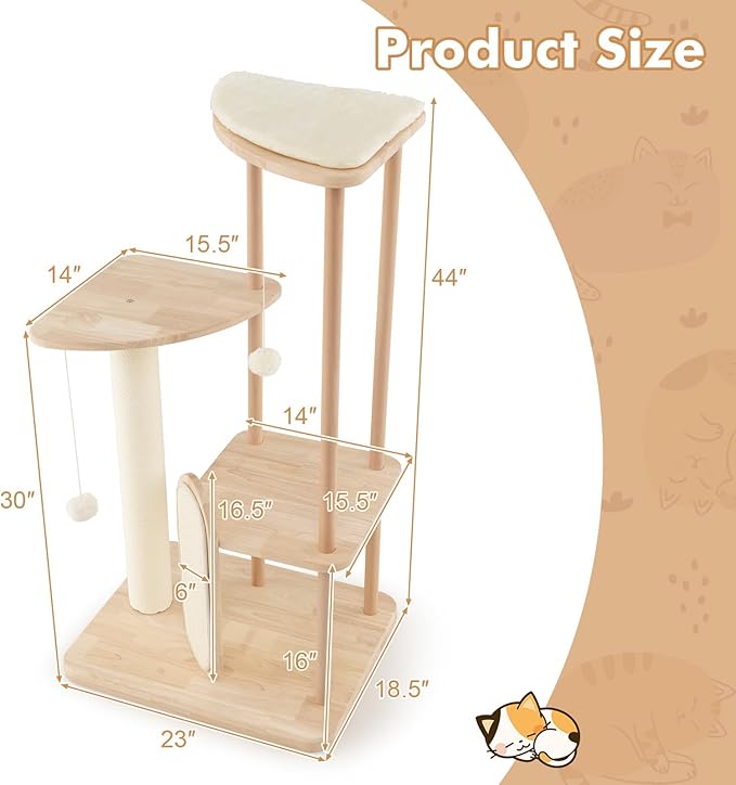 Tangkula Wood Cat Tree for Indoor Cats, Multi-Level Modern Cat Tower with Sisal Scratching Board & Post, Padded Perch, Platform, Hanging Toy, Minimalist Kitten Activity Center for Small & Medium Cats