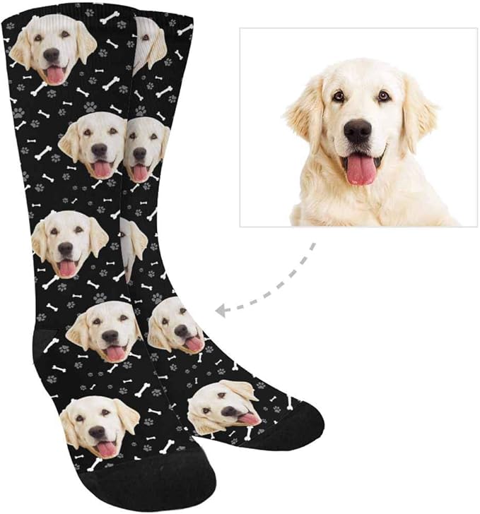 MyPupSocks Custom Personalized Photo Pet Face Socks, Cat and Dog Tracks Paws Bones Crew Socks with Picture for Men Women