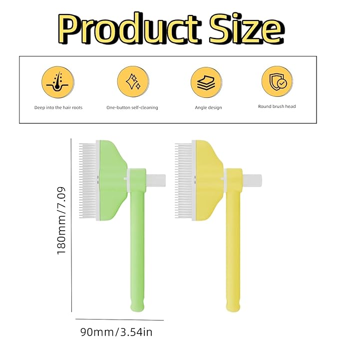 360° Press and Rotate Flea Comb for Cats and Dogs - Self-Cleaning Pet Hair Removal Tool with Release Button & Long-Short Stainless Steel Teeth for Shedding (Yellow)