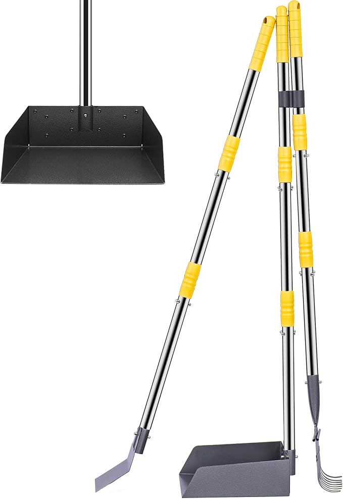 Niubya Pooper Scooper for Dogs, Metal Poop Scooper Tray Spade and Rake Set, Poop Scoop with Adjustable Long Handle, Dog Pooper Scooper for Pet Waste Removal
