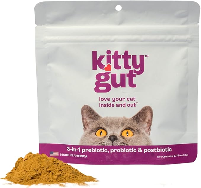 KittyGut 3-in-1 Organic Cat Probiotics & Postbiotic Supplement Powder- Made in USA-Probiotics for Cats Promote Gut Health and Cat Digestive Support, Diarrhea and Vomiting (90g)