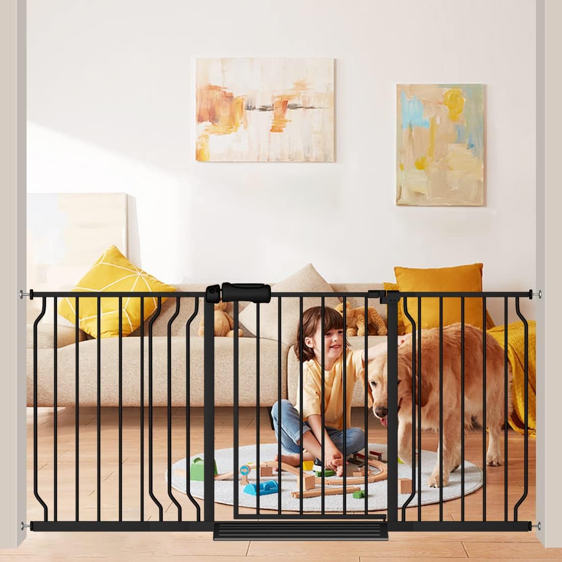 Extra Wide Baby Gate Black 62-67 Inch Wide Pressure Mounted Auto Close Child Safety Gate Long Dog Gate for House Doorways