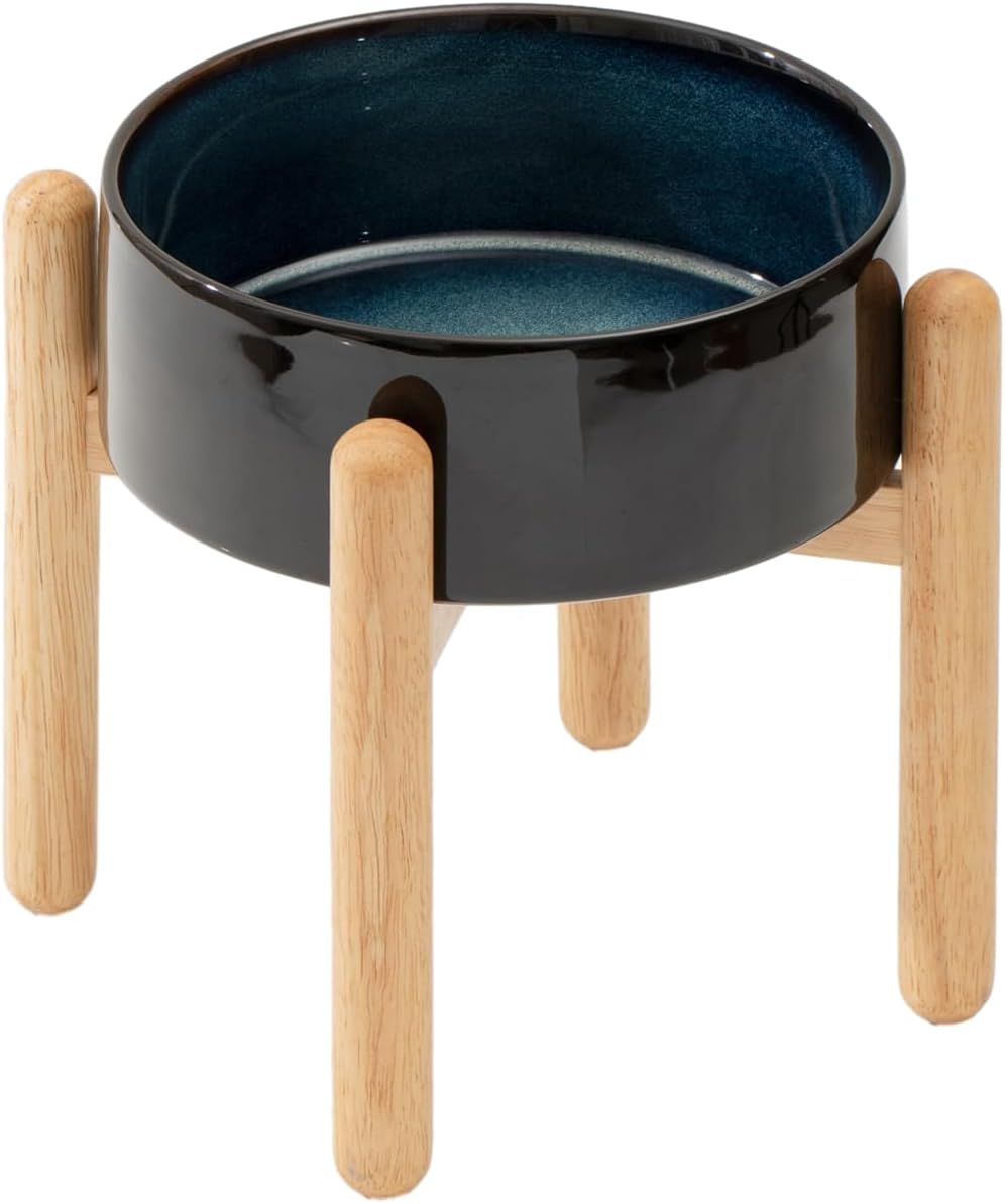 Ceramic 8.2inch Raised Dog Bowl with Stand for Large - Breed Dogs, Pet Food and Water Feeder(Single Bowl with Stand - Starry Sky)