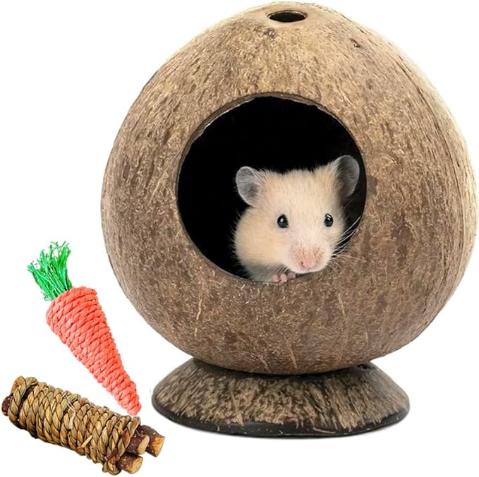 Coconut Hamster Hideout Hamster House Gerbil Cage for Small Animals with a Bundle of Apple Sticks a Carrot (Brown)