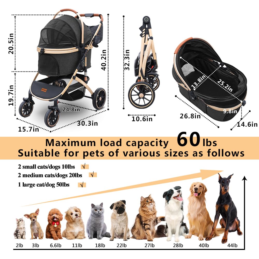 Pettingzoo Dog stroller with 4 Wheels, Folding Cat Stroller for Small/Medium/Large dogs & cats to 60 lbs, pet stroller with removable carrier, Storage Basket,Cup Holder,3 in1 Multifunctiona Detachable