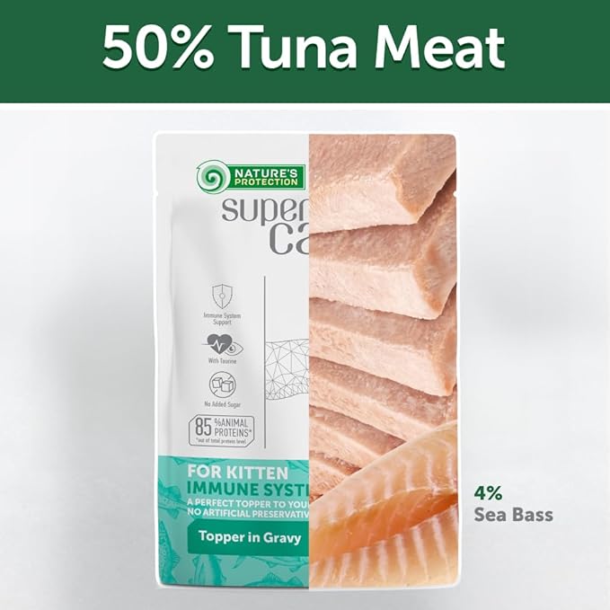 Nature's Protection Wet Cat Food in Gravy - High Protein, Natural & Soft Tuna Fish & Sea Bass Shreds - Wet Food for Kittens, Can-Free Convenient Pouches 2.46-oz (Superior Care - 24 Pack)