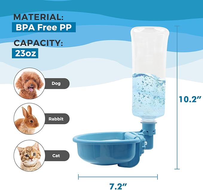 VANNON 23oz Pet Water Bottle, Gravity Dog Water Bowl Dispenser for Cage, Anti-Overflow Water Dispenser for Small Dogs, Cats, Rabbits and Other Small Animals, BPA Free, Blue
