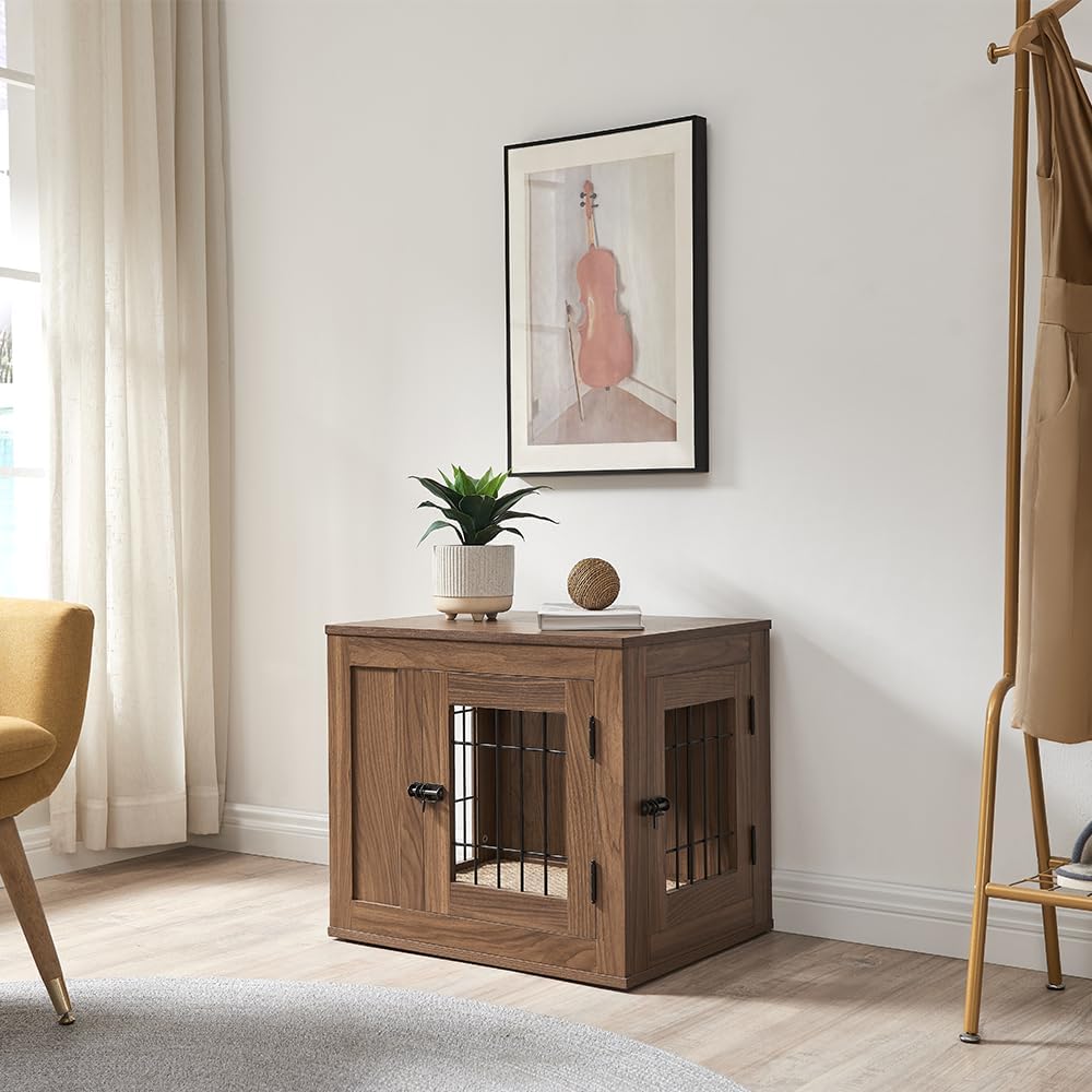 unipaws 25.5 Inch Furniture Style Dog Crate for Small Dogs, Cats, Min Pigs, Rabbit, Indoor Aesthetic Puppy Kennel, Modern Decorative Wood Wire Cage, Pretty Cute End Side Table Nightstand, Walnut
