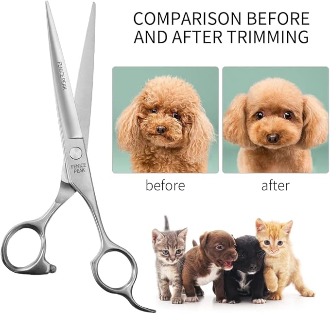 Fenice Peak 3pcs Dog Grooming Scissors Set Straight Thinning Curved Shears Stainless Steel Shears for Pet Grooming Sharp and Durable with Case Suitable for home users and Professional Groomer
