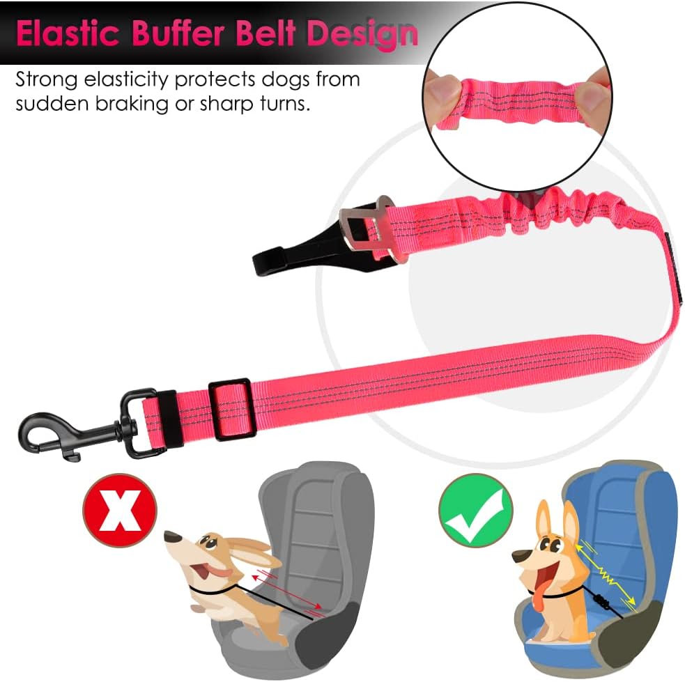 SlowTon 2 Pack Dog Seat Belt, 2 in 1 Attachment, Hook Latch Bar or Seatbelt Buckle with Elastic Nylon Bungee Buffer Adjustable Reflective Nylon Safety Belt Tether Connect to Dog Harness (2pack-FL)
