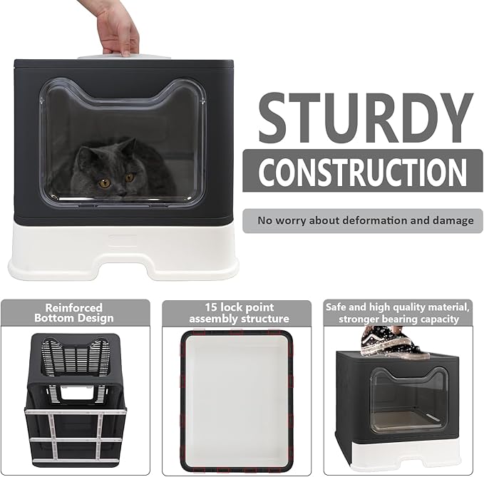 Foldable Cat Litter Box with Lid, Enclosed Potty, Large Top Entry Anti-Splashing Toilet, Easy to Clean Including Litter Scoop and 2-in-1 Cleaning Brush (Black)