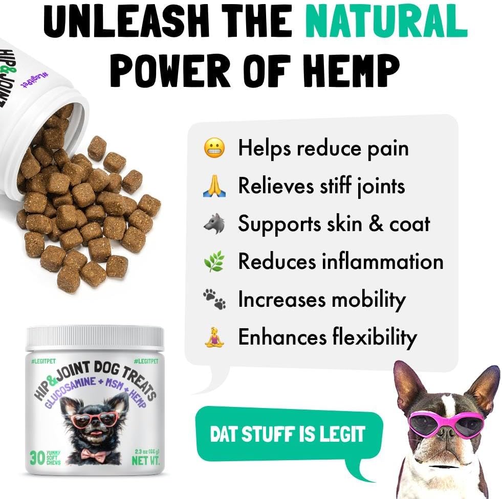 LEGITPET Hemp Hip & Joint Supplement for Dogs Soft Chews Made in USA Functional Glucosamine for Dogs Chondroitin MSM Turmeric Hemp Seed Oil Natural Pain Relief Mobility Advanced Joint 30 Treats