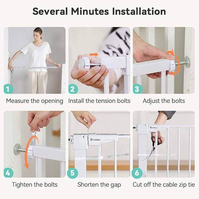 COMOMY 30" Tall Baby Gate for Stairs Doorways, Fits Openings 29.5" to 43.3" Wide, Auto Close Extra Wide Dog Gate for House, Pressure Mounted Easy Walk Through Pet Gate with Door, White