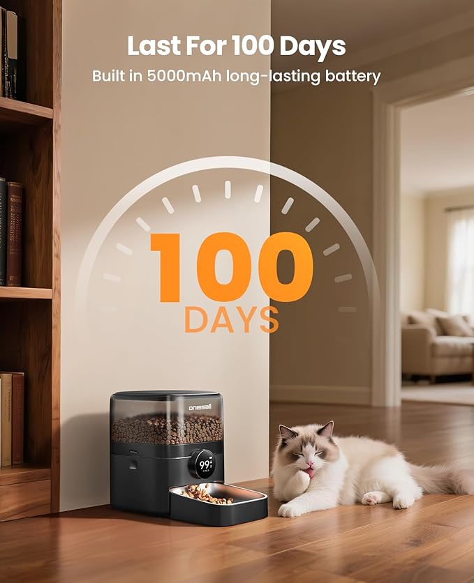oneisall Cordless WiFi Automatic Cat Feeder, Tasty S2 Pro Rechargeable 100-Day Battery Operated Pet Feeder, 12 Cups/3L Timed Cat Food Dispenser for Large Kibble, Smart App Control (Black)
