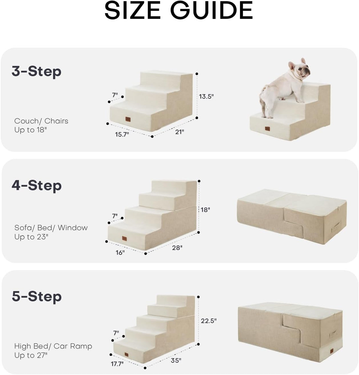 Dog Stairs for Bed, Dog Steps for Bed Couch Sofa, 35D Foam Pet Steps for Small Dogs and Cats, Extra Wide Pet Stairs with Non-Slip Bottom Beige, 3 Steps