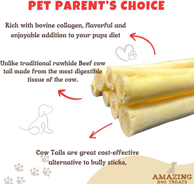 Amazing Dog Treats - 6 Inch Cow Tail Dog Chew- Thick - (20 Pcs/Pack) - Premium Quality - Sourced from Grass Fed Cattle - Long Lasting Dog Chew- Rawhide Alternative