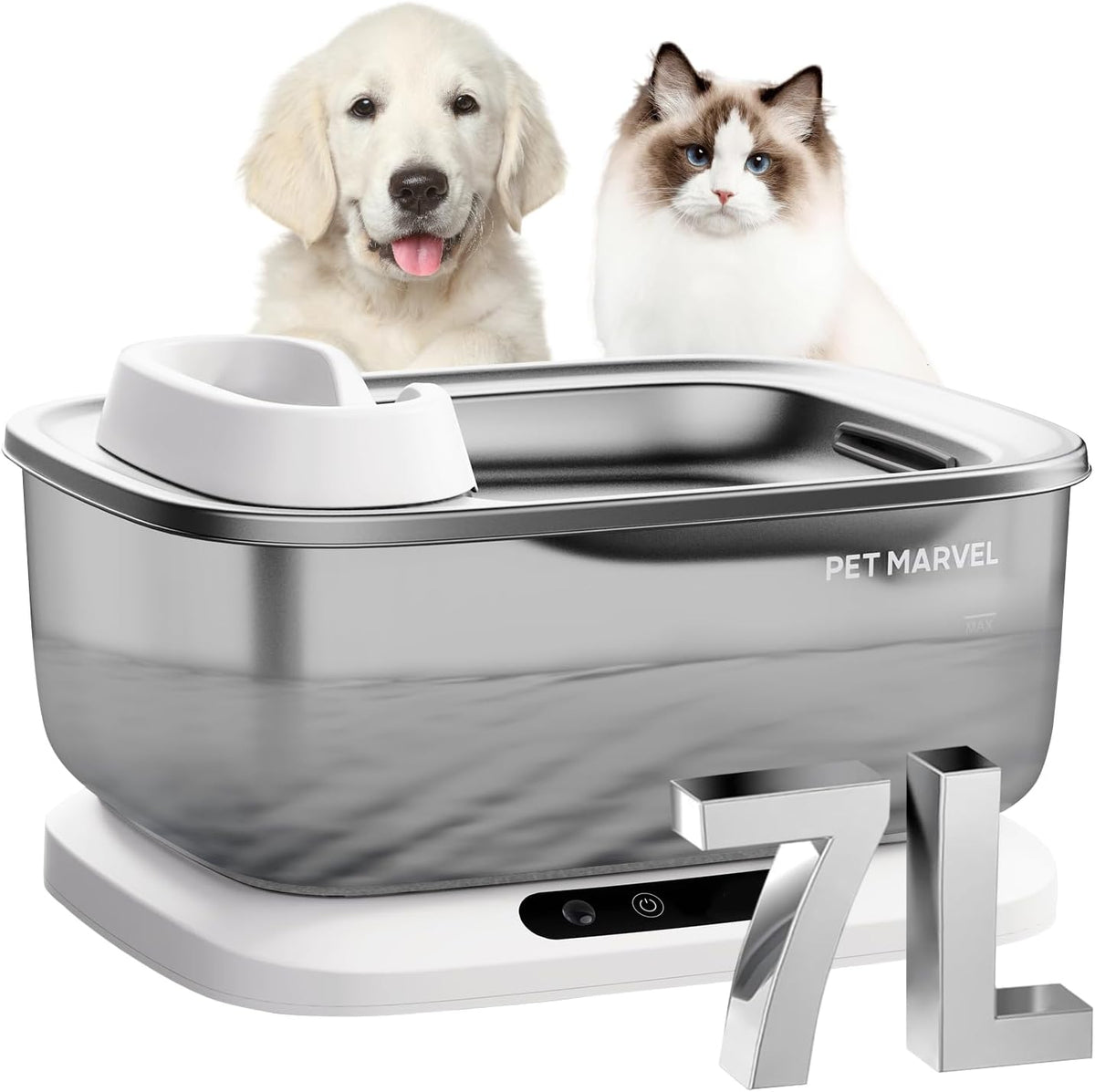 PET Marvel Wireless Sensing Dog Water Fountain for Large Dogs, 7L/1.8Gal/230oz Big Automatic Pet Water Dispenser for Multi Cats, Stainless Steel Filtered Drinking Bowl Wireless Pump F2 V2