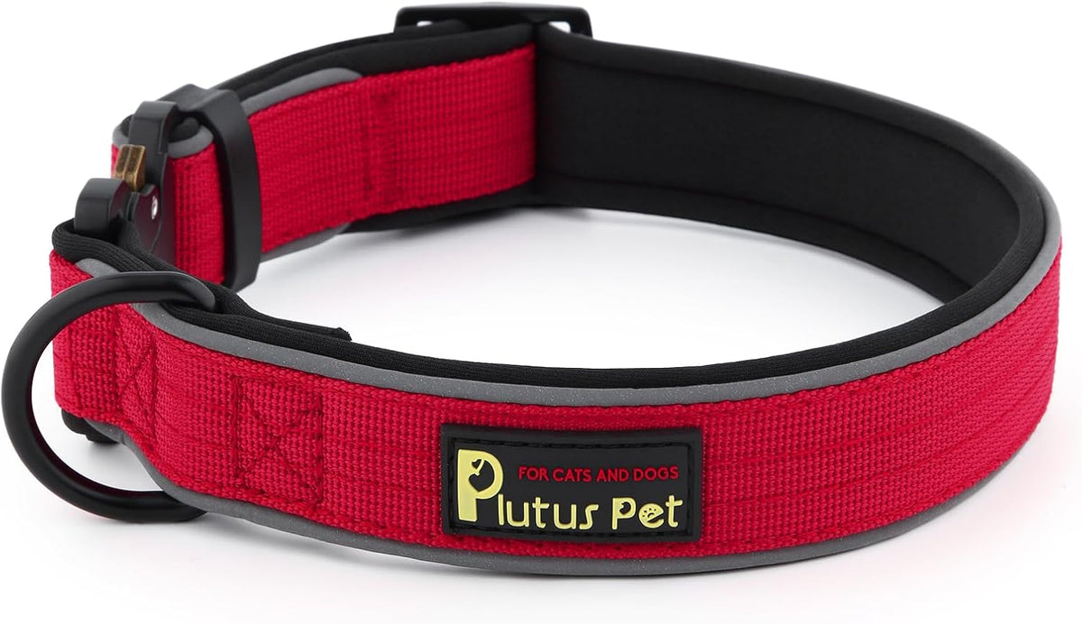 Plutus Pet Tactical Dog Collar, Reflective, Adjustable Heavy Duty Dog Collar, Soft Padded and Comfortable, for Small Medium and Large Dogs (Red, XL)