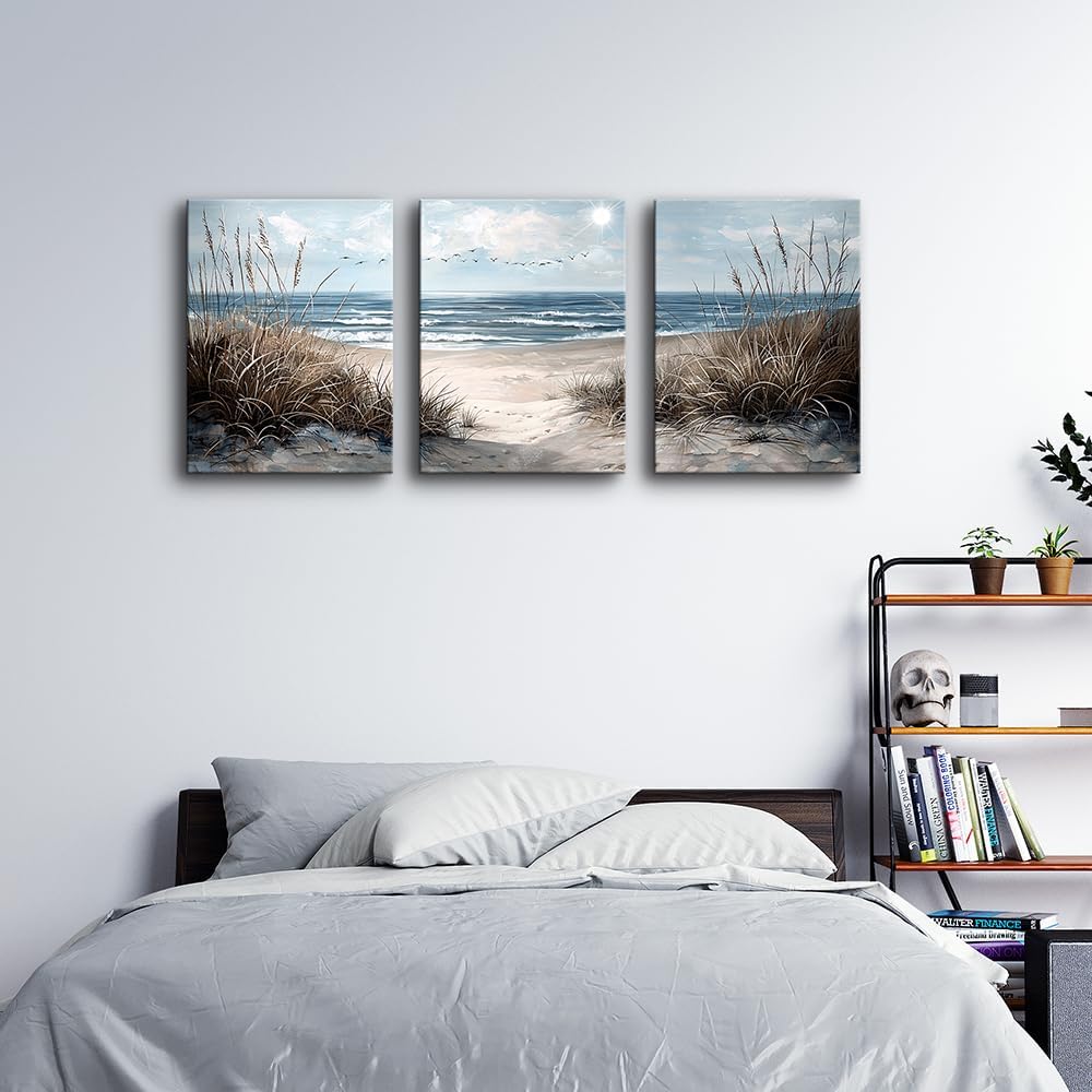 TTHYUEWS Canvas Wall Art For Living Room Wall Decor For Bedroom Modern Office Canvas Art Office Decor Blue Sea Beach Wall Paintings Prints Pictures Artwork Ready To Hang Home Decor 16" X 24"3 Piece