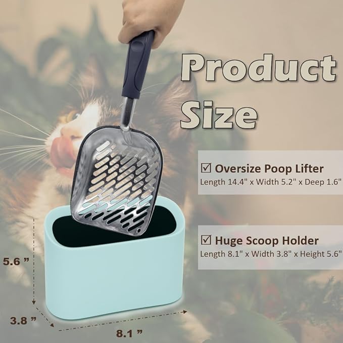 Aluminum Cat Litter Scoop in Holder, Non-Stick Cat Poop Scooper with Holder, Fast Sifting Kitten Poop Lifter and Caddy (Blue)
